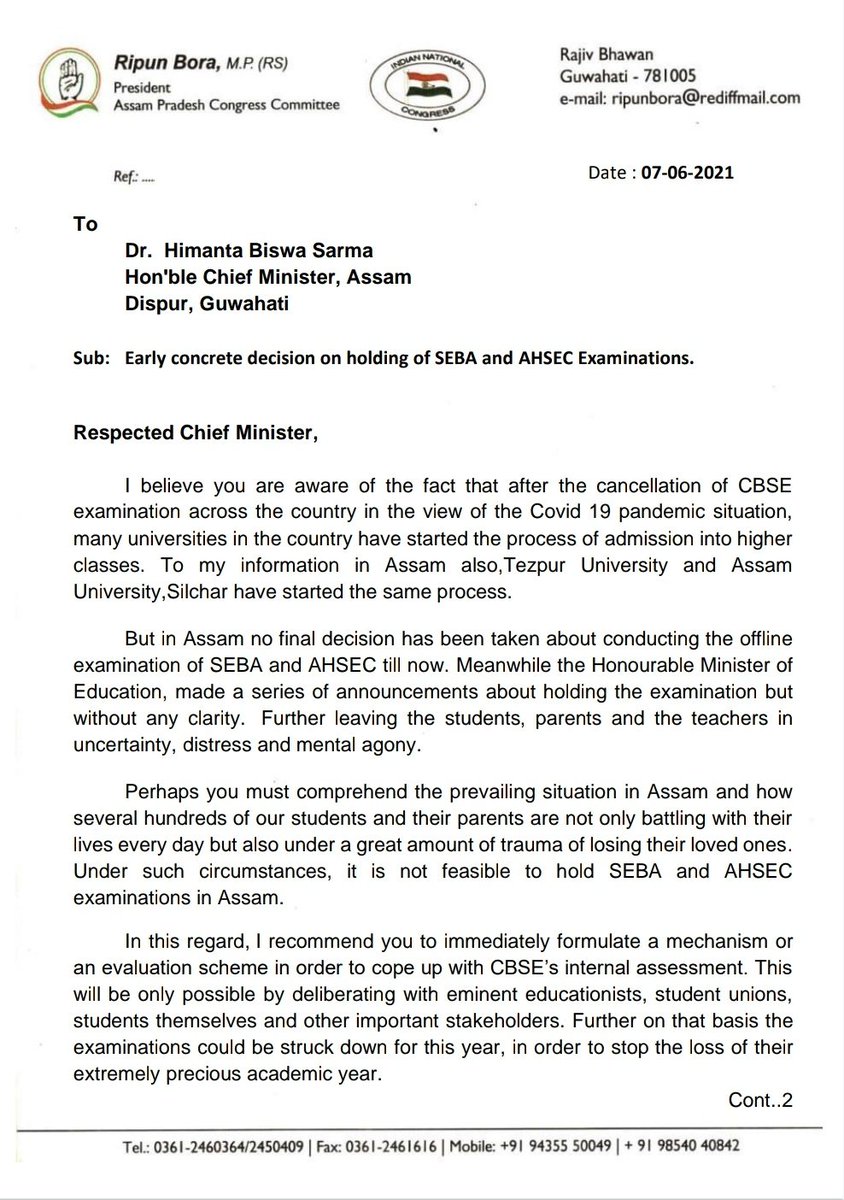 INCAssam's tweet photo. RS MP &amp; @INCAssam President Sh @ripunbora has written a letter to CM Sh @himantabiswa, expressing concern over the SEBA/AHSEC exams,he recommended Assam govt to come up with a concrete evaluation method at the earliest without conducting offline exams.
#CancelAssamBoardExams https://t.co/9TNiccJIxR