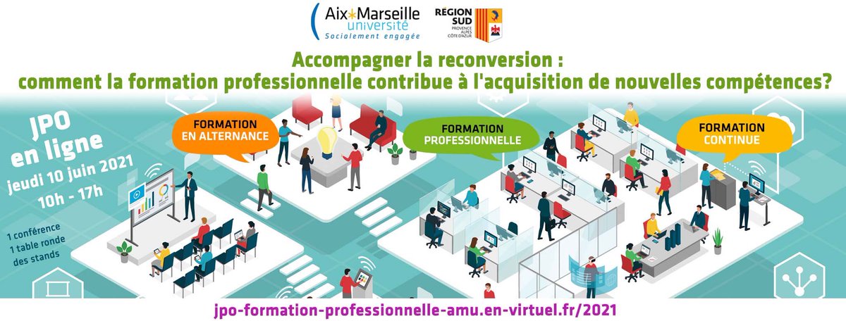 IAE Aix-Marseille (@iae_aix) on Twitter photo L’<a href="/iae_aix/">IAE Aix-Marseille</a> participe à la JPO dédiée à la formation continue et organisée par @univamu le 10 juin de 10h à 17h.
« Accompagner la reconversion : comment la formation professionnelle contribue à l'acquisition de nouvelles compétences »
Pour participer : …ion-professionnelle-amu.en-virtuel.fr/2021 L’<a href="/iae_aix/">IAE Aix-Marseille</a> participe à la JPO dédiée à la formation continue et organisée par @univamu le 10 juin de 10h à 17h.
« Accompagner la reconversion : comment la formation professionnelle contribue à l'acquisition de nouvelles compétences »
Pour participer : …ion-professionnelle-amu.en-virtuel.fr/2021