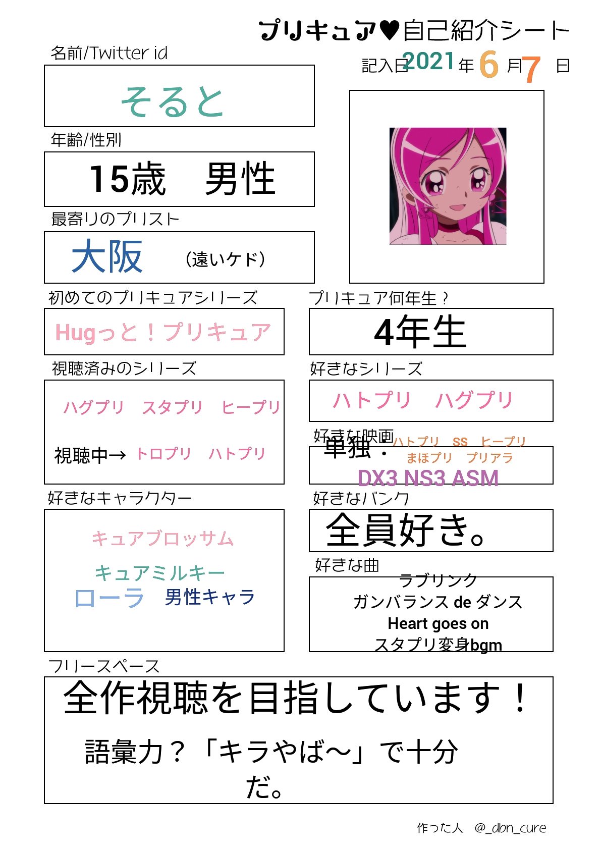 そると みんな書いてるし便乗です プリキュア自己紹介シート