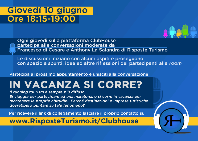 RisposteTurismo's tweet photo. Giovedì 10/06 nelle stanze di  @RisposteTurismo su #Clubhouse sarà dedicato al #running #tourism. Le #destinazioni e le #imprese turistiche dovrebbero puntare ad attrarre i #runner? 

Lascia i contatti per ricevere un reminder > https://t.co/kmgy1RsapH https://t.co/BPELnGD1re