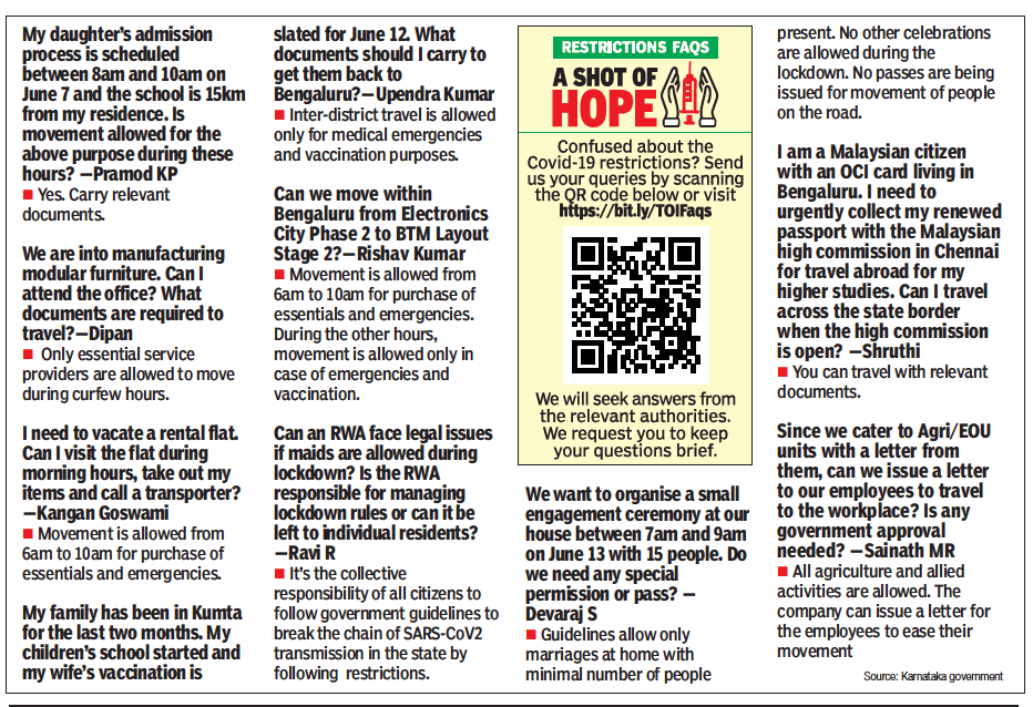 TOIBengaluru's tweet photo. Confused about the new Covid-19 restrictions? Read the answers to top queries everyday in The Times of India newspaper, answered directly by the concerned authorities.
To send us your questions, visit - https://t.co/Q7zx8e8zt1
#ShotOfHope #CovidFAQs #restrictionfaqs https://t.co/zOYH8Mkdxq