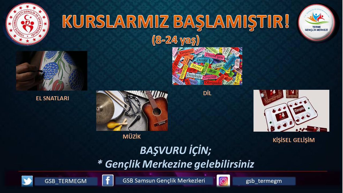 GSB_TermeGM's tweet photo. HAYDİ GENÇLER!
Gençlik Merkezimizde Kurslarımız başlıyor. 👏🏻😊
Detaylı bilgi ve başvuru için gençlik Merkezimizi ziyaret edebilirsiniz. 🥰 https://t.co/e3NHxnzdBa