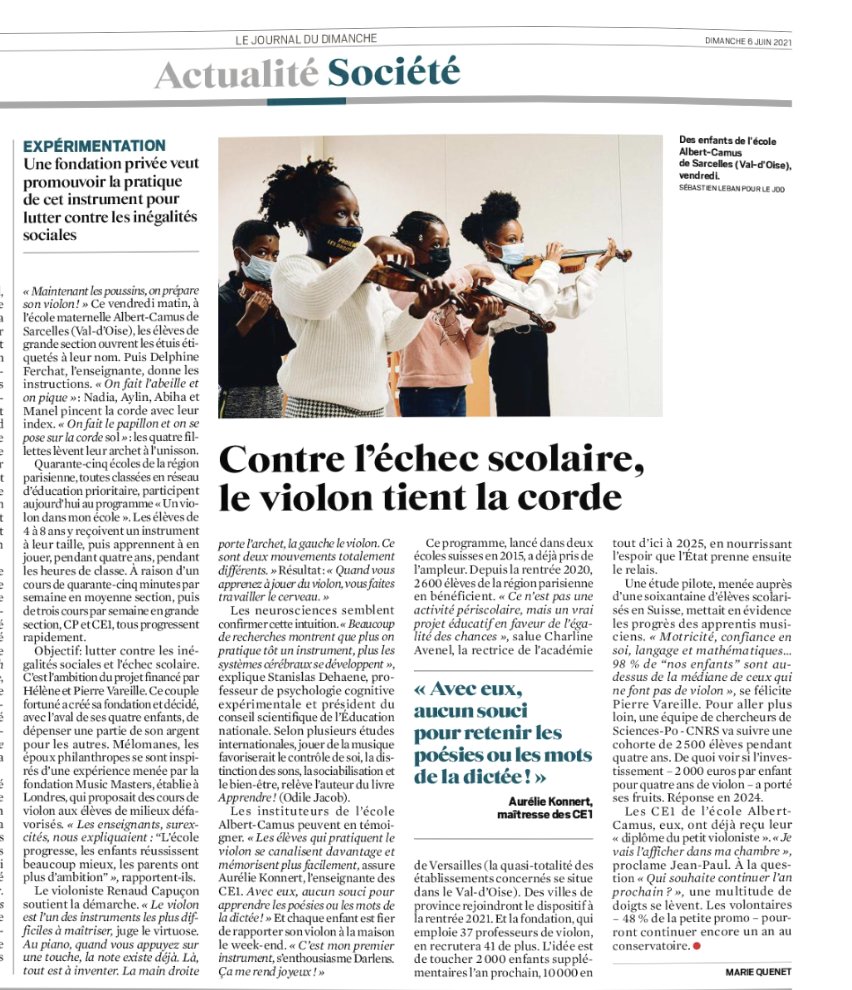Zoom dans <a href="/leJDD/">Le JDD</a>, disponible dans notre #bouquetpresse,  sur l'opération "un violon dans mon école". Le but : lutter contre les #inégalités sociales et l'#échecscolaire
Découvrez notre catalogue #musique toutapprendre.com/musique