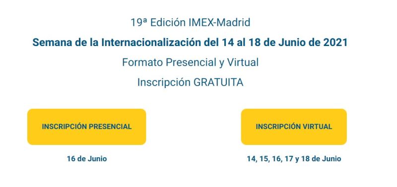 #IMEXMadrid21 | Sólo falta una semana para que de comienzo IMEX-Madrid. Semana de la Internacionalización 2021.
<a href="/ComunidadMadrid/">Comunidad de Madrid</a> <a href="/MADRID/">Ayuntamiento Madrid</a> <a href="/camarascomercio/">Cámara de España</a> <a href="/ICEX_/">ICEX</a> <a href="/cesce_es/">Cesce</a> <a href="/Auxadi/">Auxadi</a>  #DHLEXPRESS <a href="/CEOE_ES/">CEOE</a> <a href="/esmonedaunica/">Revista Moneda Única</a>

No te lo pierdas. INSCRÍBETE en imexmadrid.com