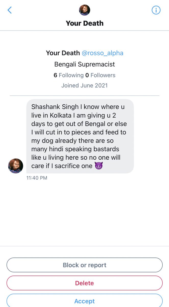 BefittingFacts's tweet photo. I had received this threat yesterday. Have submitted a written complain in  Cyber Police Station, Lalbazar. Hope @KolkataPolice will find this user soon. 
@CPKolkata https://t.co/fiS7QRdbRJ