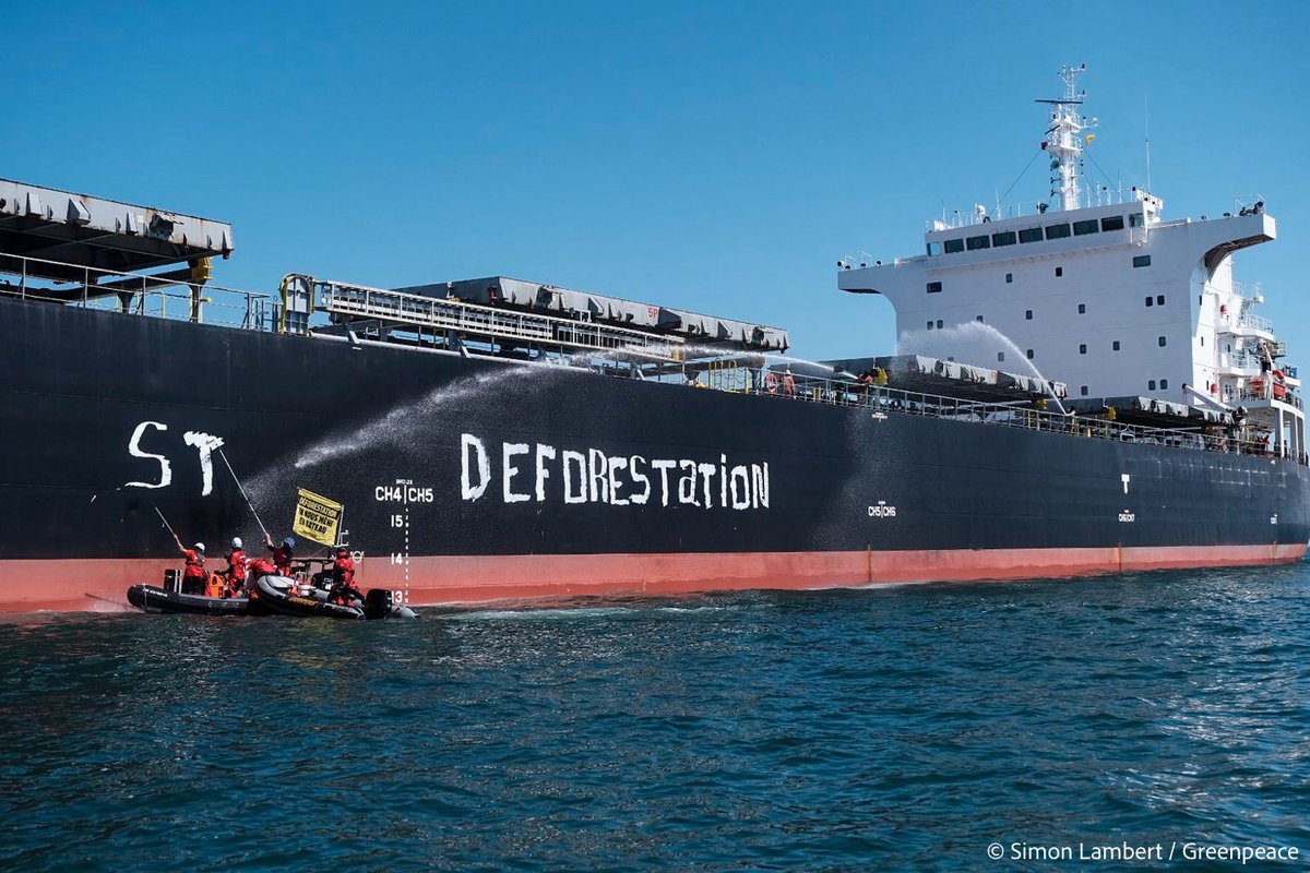 greenpeacefr's tweet image. 🔥 Nouvelle action contre la déforestation importée ! Nos activistes gênent l'arrivée dans le port de Saint-Nazaire du Cabrillo, un cargo rempli de soja. L'opération #StopCabrillo est lancée !
Ce cargo, c'est LE symbole de la déforestation importée. Pourquoi ?