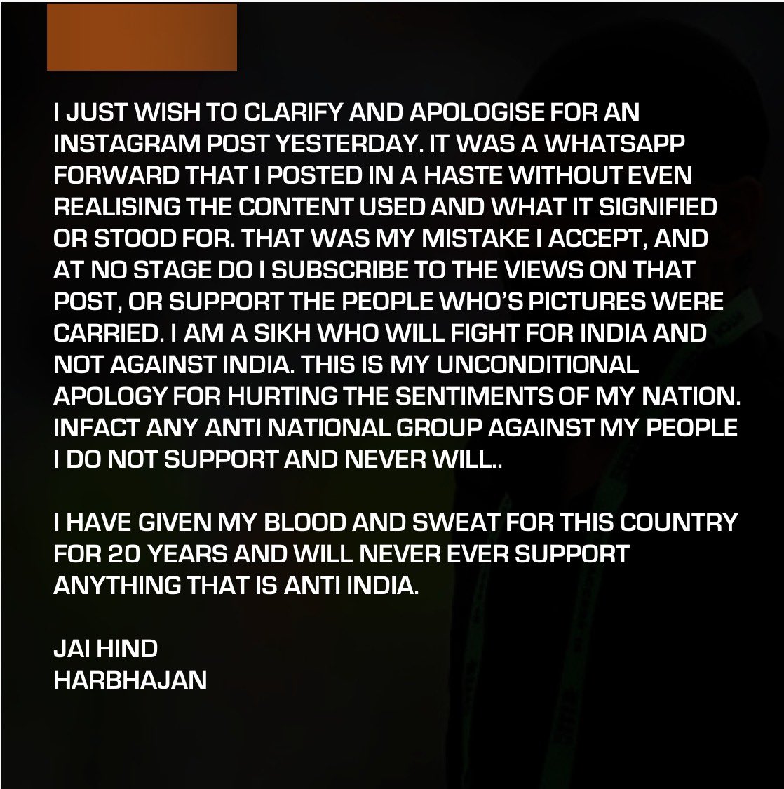 harbhajan_singh's tweet photo. My heartfelt apology to my people..🙏🙏 https://t.co/S44cszY7lh