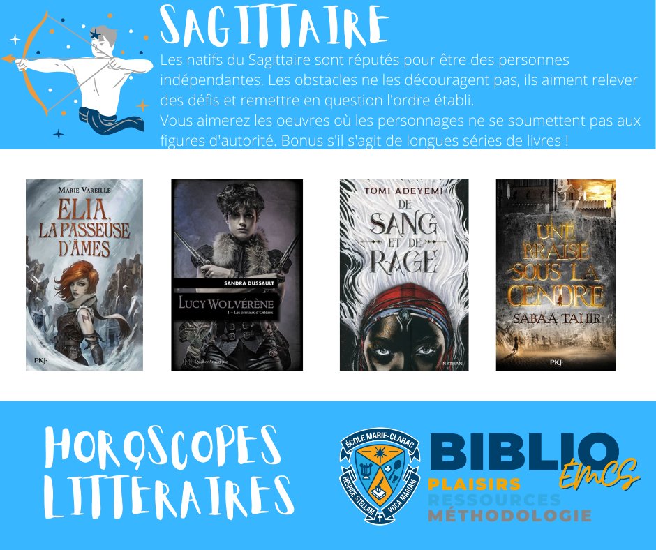 MarieClaracSec's tweet photo. HOROSCOPE LITTÉRAIRE ÉMCS
Aujourd'hui, nous vous présentons une sélection de livres parfaitement adaptés au signe astrologique : SAGITAIRE.  Bonne lecture ! #biblioEMCS https://t.co/y9LWN599DG