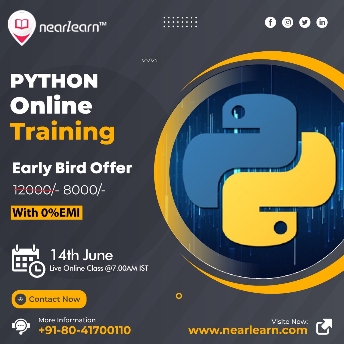 nearlearns's tweet image. Python Online Training
Advanced Python Online Training | Basics of Advanced Python
Early Bird Offer - 8000/-
With 0% EMI
#corepython #python #Pythononlinetraining #advancedPytho