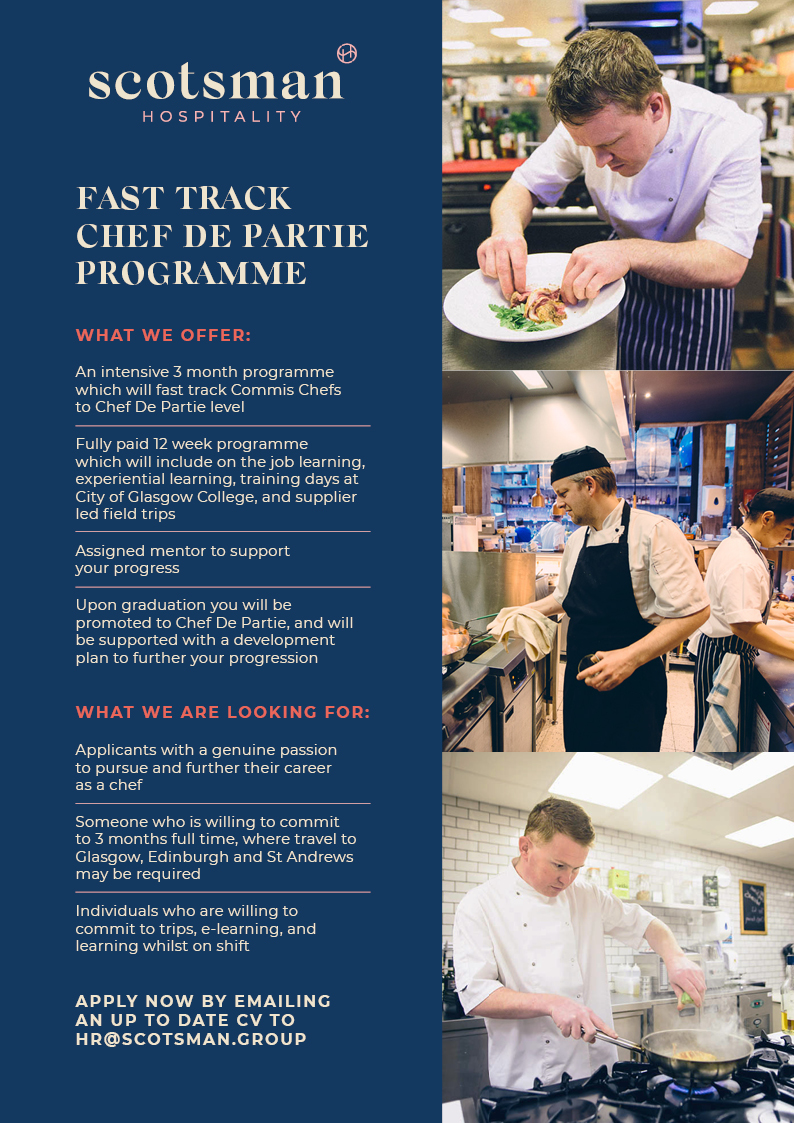 Check out our fast track Chef De Partie programme, we are now accepting applications for this intensive 3 month course! #chefjobs #hospitalityjobs #hospitalityscotland