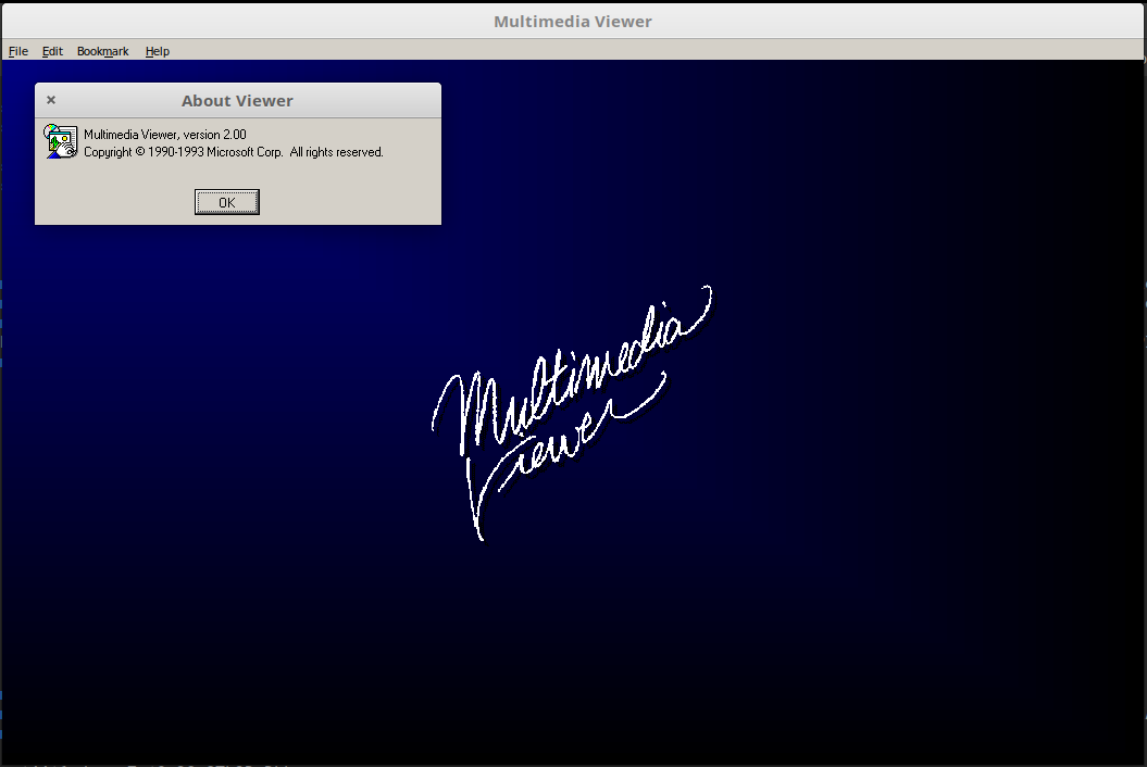 An old-style Windows application displays the text "Multimedia Viewer" in white script on a deep blue background. A dialog box titled "About Viewer" lists the product version as "2.00" with a copyright of 1990-1993 by Microsoft Corp.