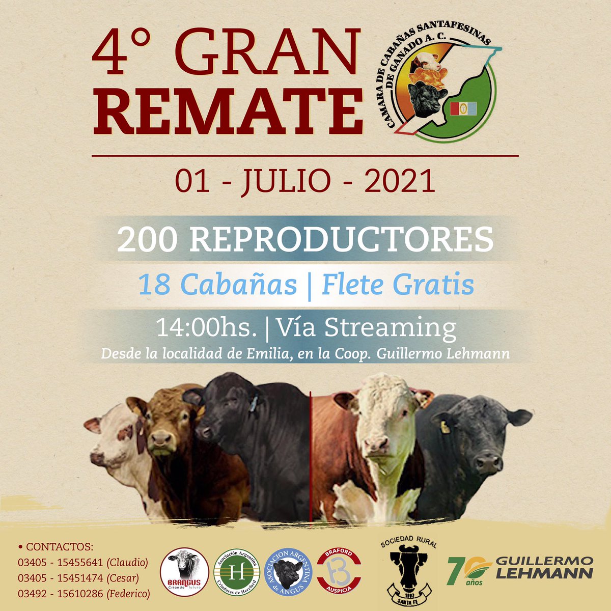 CamaraCSF's tweet photo. 4° GRAN REMATE 🐂🐄
200 REPRODUCTORES • 18 Cabañas
📆01 de JULIO 2021
🕑14:00 | Vía Streaming
📍Desde las instalaciones de remate feria de Cooperativa Guillermo Lehmann
#REMATE #bovinos #Reproductores #LaLehmann #CamaraCabañasSF
#angus #braford #brangus #hereford https://t.co/J1t53ofabq