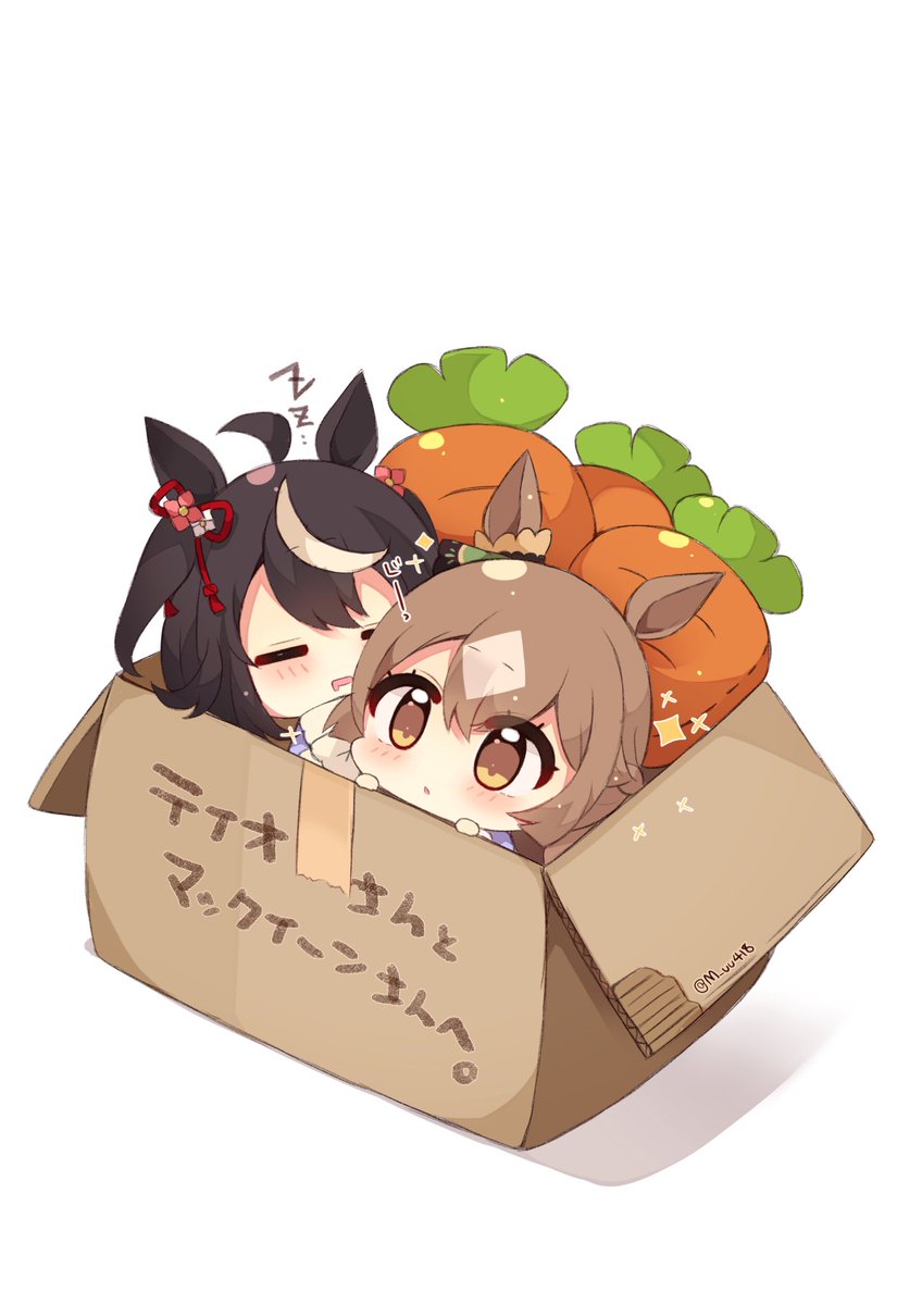 kitasan black (umamusume) ,satono diamond (umamusume) multiple girls 2girls sleeping horse ears in container animal ears cardboard box  illustration images