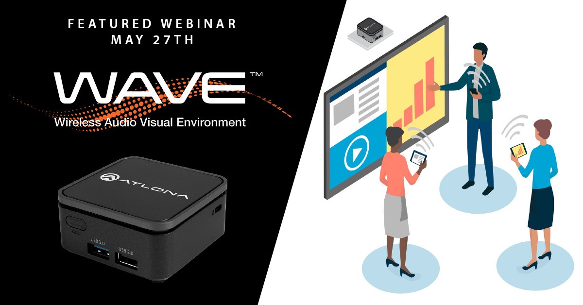 Atlona's tweet image. Did you miss out on our &quot;Wave Standalone Wireless Presentation&quot;?  Catch up and see how we have created a device that streamlines casting, universal wireless BYOD, and content sharing!

Check out the replay here: bit.ly/3guxyDV

#presentationsystems #AVTweeps #proAV