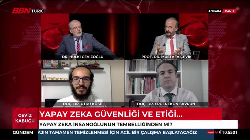 Dr. <a href="/mhulkicevizoglu/">Hulki Cevizoğlu</a> önderliğindeki Ceviz Kabuğu programında Yapay Zeka’yı konuştuk. BBNTürk ekranlarındaki programda Derin Öğr. ile oluşturulan Atatürk resimlerini, YZ. yaratıcılığı, güvenliği-etiği konularını vurguladık 😇👍🏻💫 @bbnturktv <a href="/drmcevik/">Mustafa Cevik</a> <a href="/ErgenekonSavrun/">Doç. Dr. Ergenekon Savrun</a> <a href="/ceyhunkazel/">Ceyhun Kazel</a>