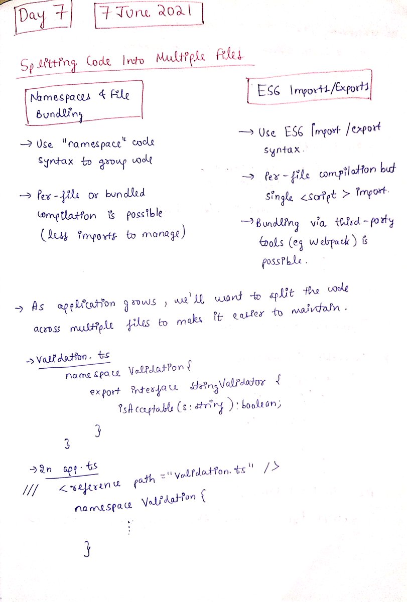 thesavvycoder's tweet image. Finished with #Day7 of #30DaysOfTypeScript challenge.
Topic Covered :
👉 Modules & Namespaces
Follow me here: github.com/tarunsinghdev/…
#TypeScript #30daysofcode 
Today's Notes : 👇👇