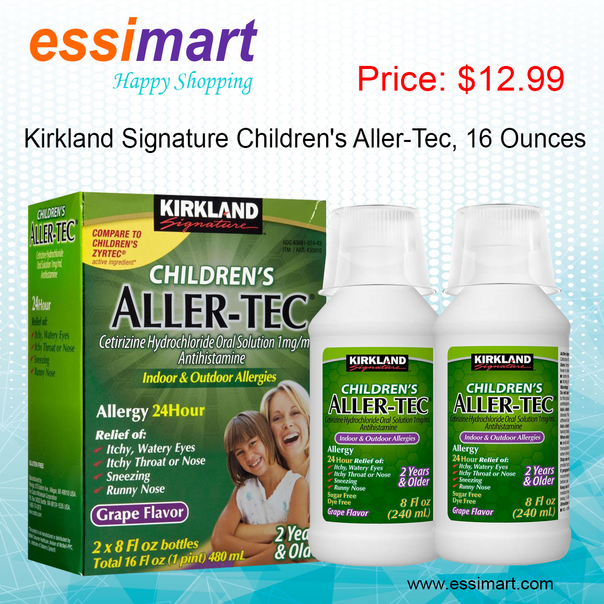 essimart's tweet image. Kirkland Signature Children's Aller-Tec, 16 Ounces
Price: $12.99
Details: essimart.com
Features:
Relief from Indoor &amp;amp; Outdoor Allergies
Sugar-Free, Dye Free, Grape Flavor
For 2 years and older
Relieves sneezing, runny nose. Itchy watery eyes, and itchy throat and nose.