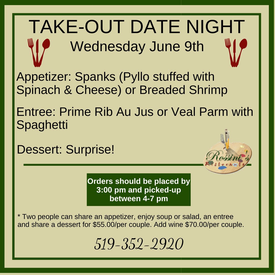 RossinisChatham's tweet photo. Here's this week's Take-Out Date Night Wednesday! #ckont https://t.co/9d41hrtVNe