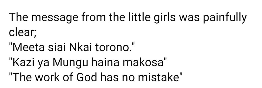 OleLeshan's tweet photo. This poem by the little girls from Samburu during the #KisimaDeclaration still rings in my mind several months later. Let us bring an end to FGM which is in other words a critic of God's own work.
@AfricaTareto @AFGMBoard @PanelUnfpa @equalgeneration @equalitynow @OlajideDemola https://t.co/nBOozTjGsO