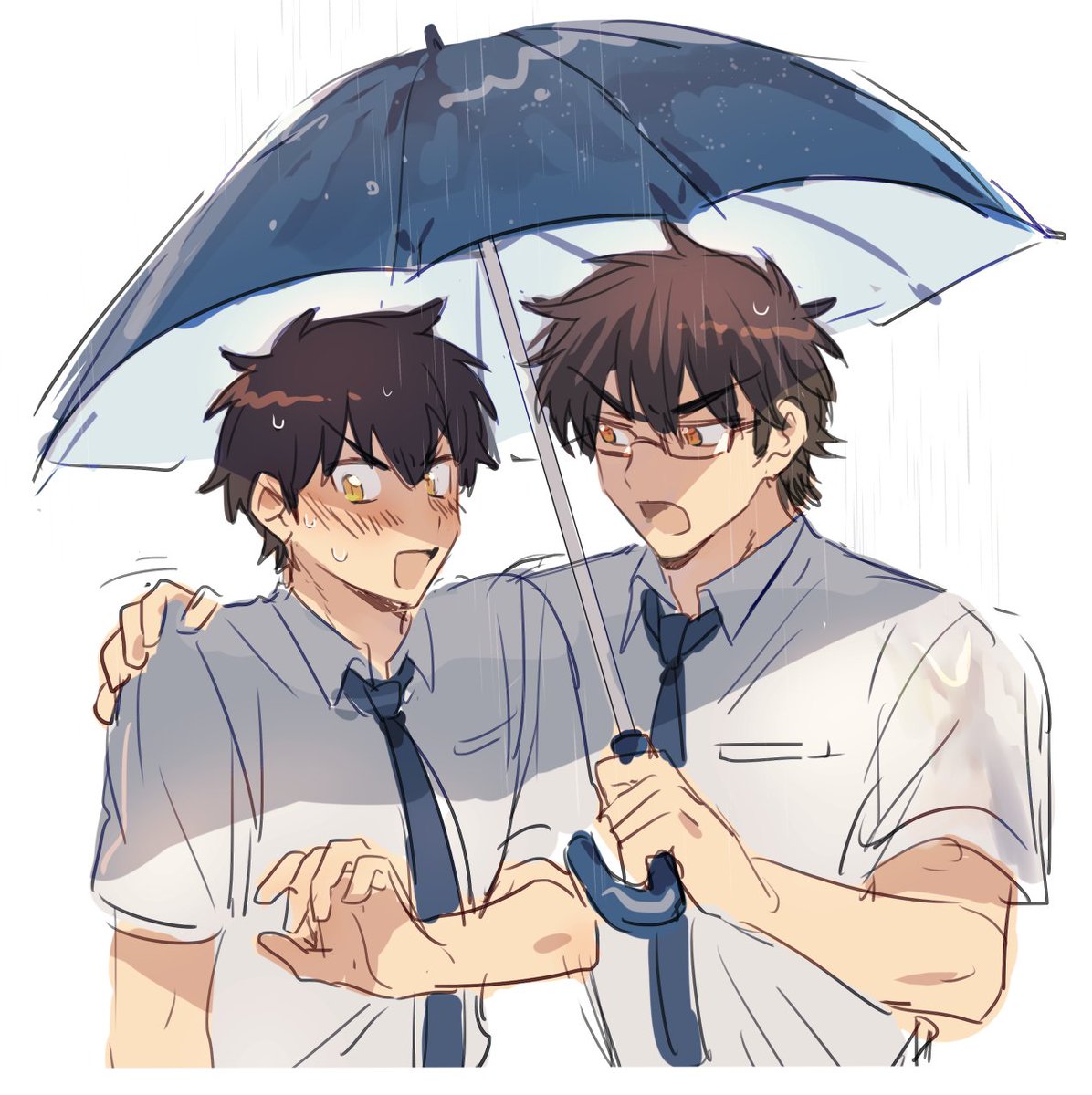 multiple boys 2boys umbrella shared umbrella male focus necktie holding  illustration images