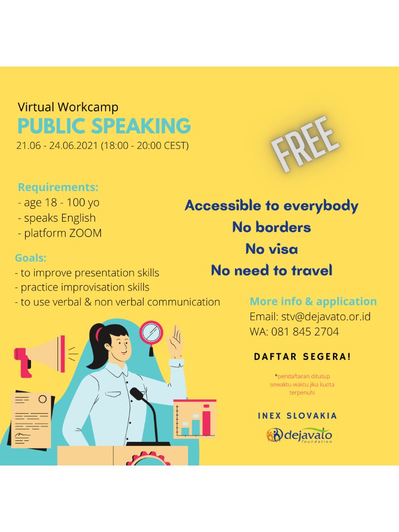 dejavato's tweet photo. Public Speaking - virtual workcamp

===========================

Hallo Semuanya!
Kembali lagi program virtual workcamp untuk kalian. https://t.co/cPMAORbO9b