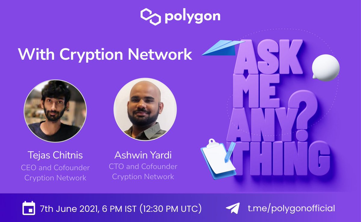 MumbaiCryptGirl's tweet photo. 🤵‍ @Tejas0x, CEO &amp; @yardi_ashwin, CTO of $CNT to take part in an #AMA with @0xPolygon today at 12.30 PM UTC (6 PM IST)🚀

🗣#Cryptions, prepare your best questions and get a chance to win the share of the #rewards pool.💰

Venue: https://t.co/LFR8LLoX19

#IDO #Polygon #Matic https://t.co/u3i26F13ze