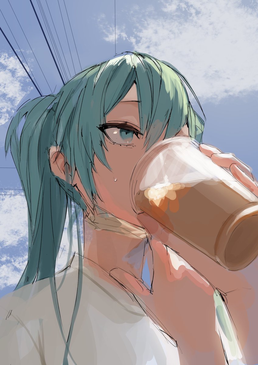 hatsune miku 1girl solo drinking twintails long hair sky holding  illustration images