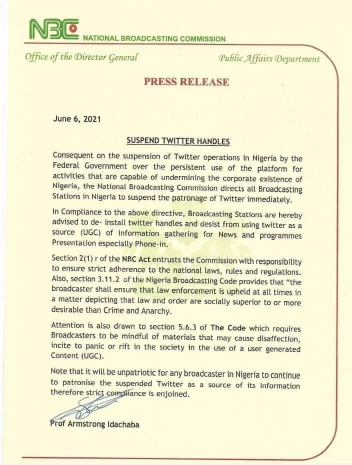 This directive is brazenly illegal and unconstitutional. No govt authority in Nigeria has the power to stop anyone from having a Twitter account or to mandate people to uninstall the app. I urge every broadcasting house to unify and resist this. Let them seize all the licenses.