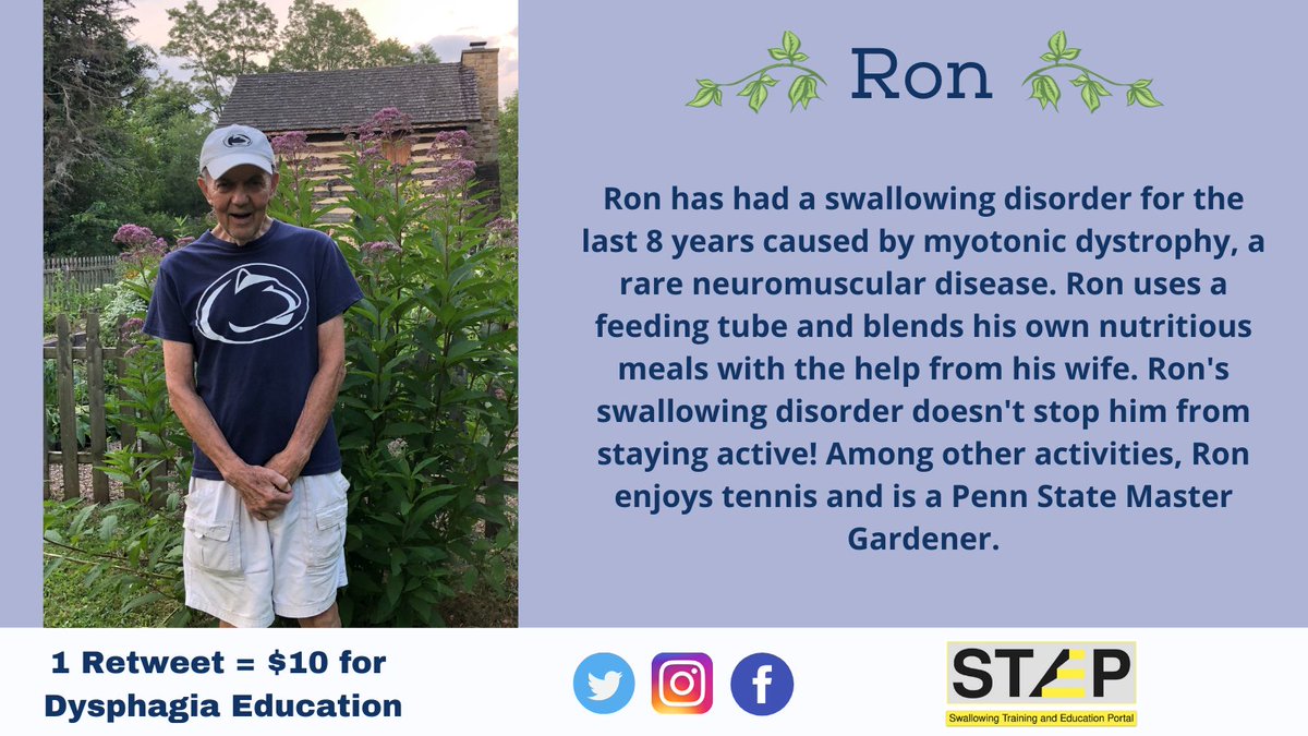 Swallowing Disorder Foundation (@nfosd) on Twitter photo Meet Ron! Ron is diagnosed with myotonic dystrophy which has caused his #dysphagia -- but he doesn't let that slow him down!
🌻
Each story has a sponsor who has pledged a donation for each time the post is retweeted. Today's sponsor is
<a href="/community_step/">Swallowing Training and Education Portal</a>!
🌻
<a href="/penn_state/">Penn State</a> Meet Ron! Ron is diagnosed with myotonic dystrophy which has caused his #dysphagia -- but he doesn't let that slow him down!
🌻
Each story has a sponsor who has pledged a donation for each time the post is retweeted. Today's sponsor is
<a href="/community_step/">Swallowing Training and Education Portal</a>!
🌻
<a href="/penn_state/">Penn State</a>