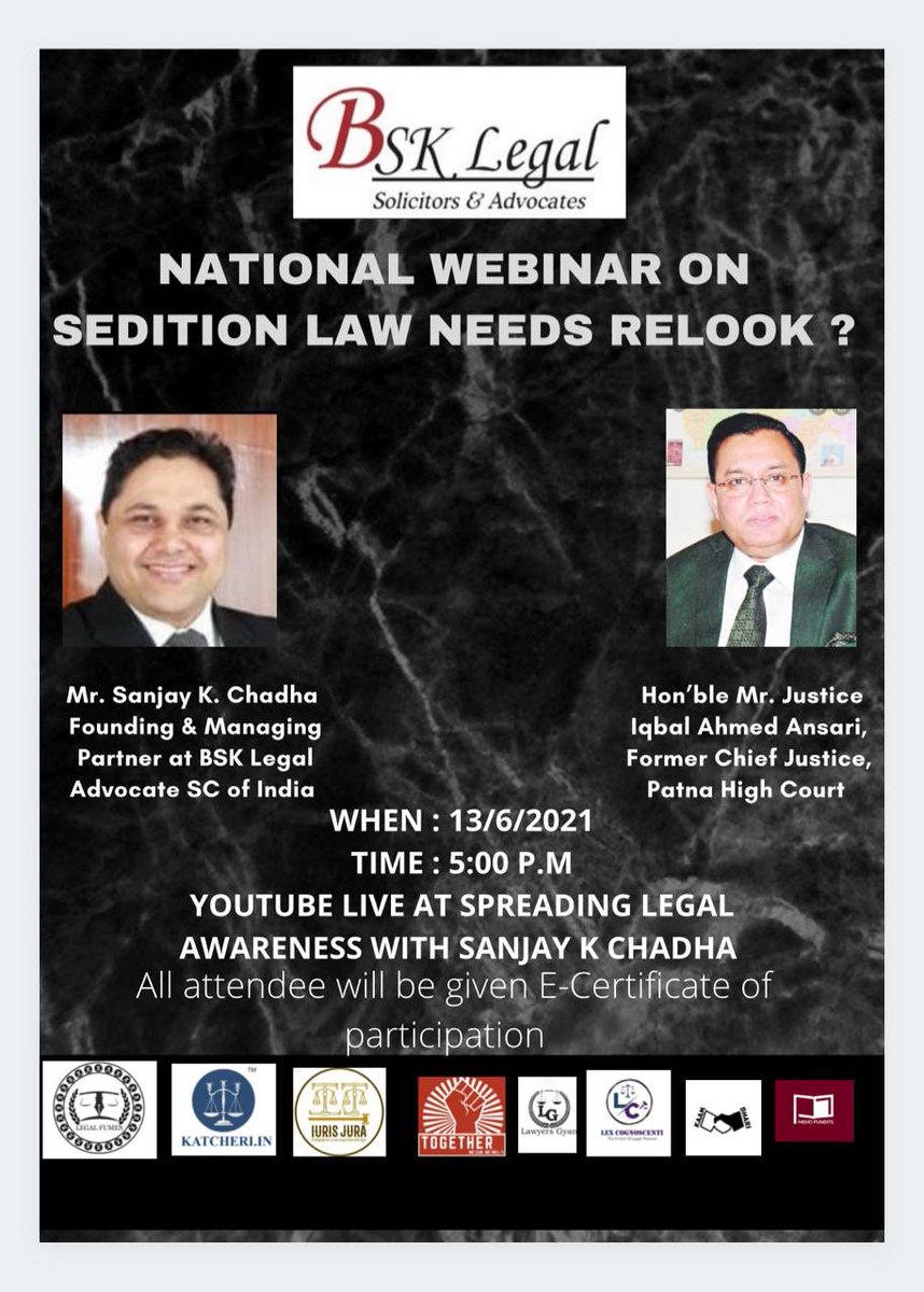 sanjaykchadha's tweet photo. 𝐁𝐒𝐊 𝐋𝐄𝐆𝐀𝐋'𝐒 𝐍𝐀𝐓𝐈𝐎𝐍𝐀𝐋 𝐖𝐄𝐁𝐈𝐍𝐀𝐑 
𝐇𝐨𝐧’𝐛𝐥𝐞 𝐌𝐫. 𝐉𝐮𝐬𝐭𝐢𝐜𝐞 𝐈𝐪𝐛𝐚𝐥 𝐀. 𝐀𝐧𝐬𝐚𝐫𝐢, Former Chief Justice of Patna High Court &amp;
𝐌𝐫. 𝐒𝐚𝐧𝐣𝐚𝐲 𝐊 𝐂𝐡𝐚𝐝𝐡𝐚,BSK Legal, Adv, SC
13th June, 
Link for registration 
https://t.co/R6PrBf3ibC https://t.co/7oGsiWhcjb