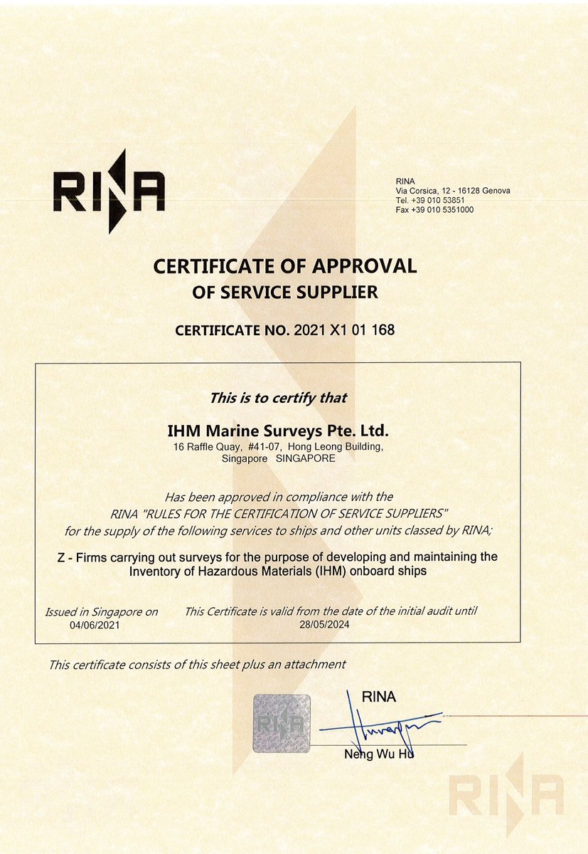 IHM Marine Surveys have gained supplier approval by RINA as an External Specialist for Development of Inventory of Hazardous Materials (IHM).

A well deserved thank you from all of the Directors.

#Shipping #offshore #RINA #oilandgas