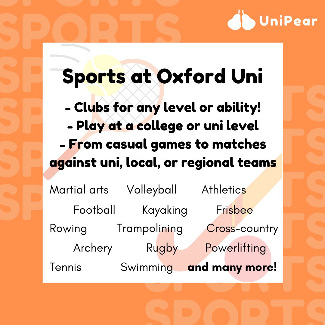 Get involved in extra-curriculars when at Oxford! There is truly something for everything when it comes to sports, so if you're a seasoned pro or looking to get stuck in for the first time, see what you could get involved in here

#unipear #oxford #oxfordstudent #studentlife