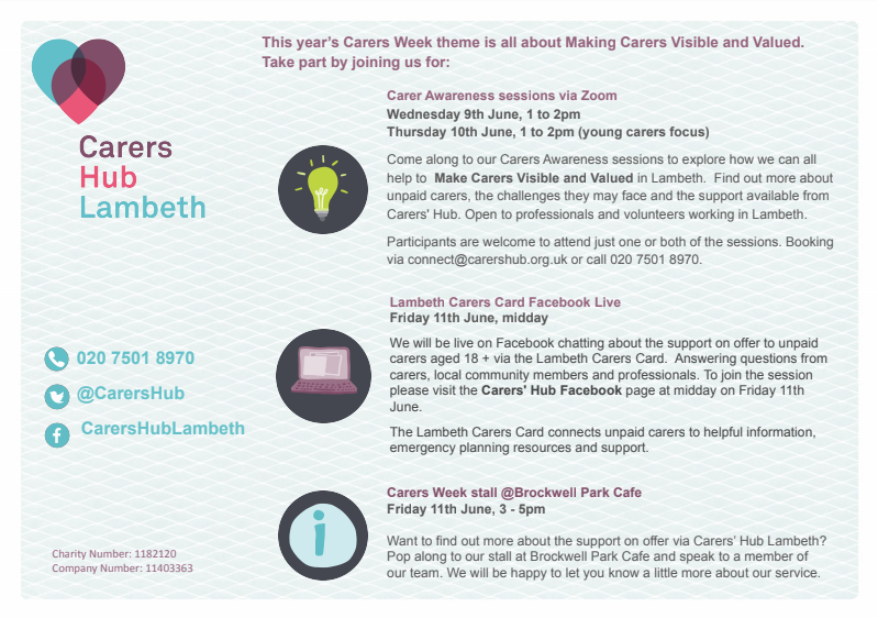 ConnectLambeth's tweet photo. It's #CarersWeek2021 and @CarersHub have some events lined up for all you exceptional #carers out there! Don't miss them!
#carers #youngcarers https://t.co/uysY1u4ec6