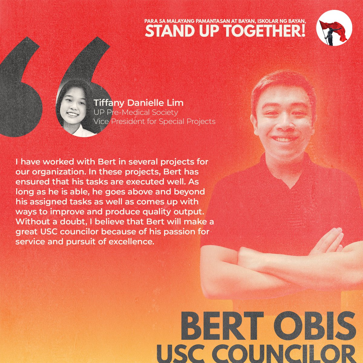 STANDwithBert's tweet photo. TODO NA ‘TO! #BerBerBert🔥

Sino nga ba ang masipag, maparaan, at matalinong USC Councilor na ito-#TodoNaTo ang mga kampanyang pangkalusugan at pangkaligtasan? Kilalanin pa si Bert Obis mula sa kaniyang mga nakatrabaho. https://t.co/Jeiyz5e7o4