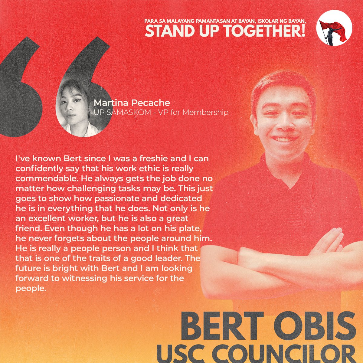 STANDwithBert's tweet photo. TODO NA ‘TO! #BerBerBert🔥

Sino nga ba ang masipag, maparaan, at matalinong USC Councilor na ito-#TodoNaTo ang mga kampanyang pangkalusugan at pangkaligtasan? Kilalanin pa si Bert Obis mula sa kaniyang mga nakatrabaho. https://t.co/Jeiyz5e7o4