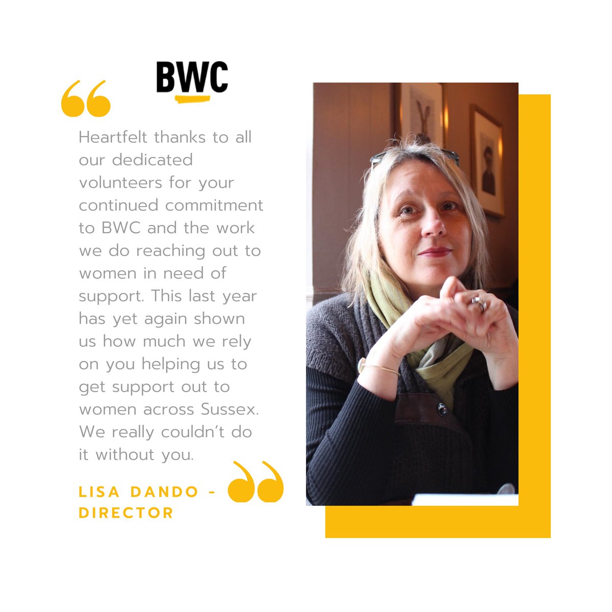 BTNWomensCentre's tweet photo. We're rounding up #VolunteersWeek with a final message from our Director, Lisa. 

One last huge shout out to you all and all the work you do for us. Thank you and here's to another amazing year! 💛

#Volunteersweek #Timetosaythankyou #volunteering https://t.co/vrUL6E3ebZ