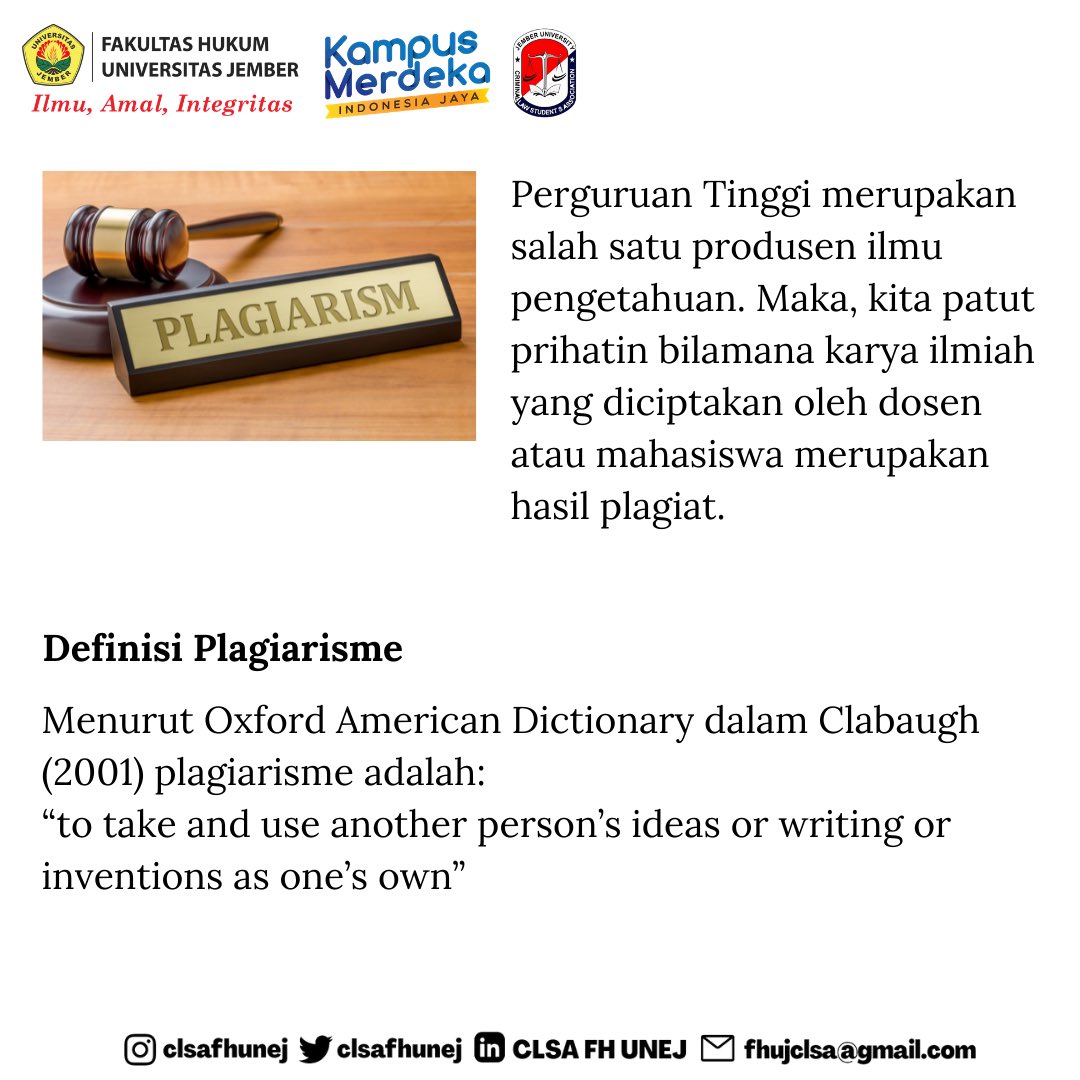 clsafhunej's tweet photo. Halo FH, UNEJ, Indonesia!
Hai, kamu? Adakah dari kalian yang mengerjakan tugas kuliah masih ‘copy paste’? Tahu gak sih, copast itu sama dengan tindakan plagiarisme dan merupakan tindak pidana, loh.
#CLSAKnowledge #CLSAInfo #CLSAFHUNEJ #FHUNEJ #LawStudent #LawSchool https://t.co/GAnHdLRPJo