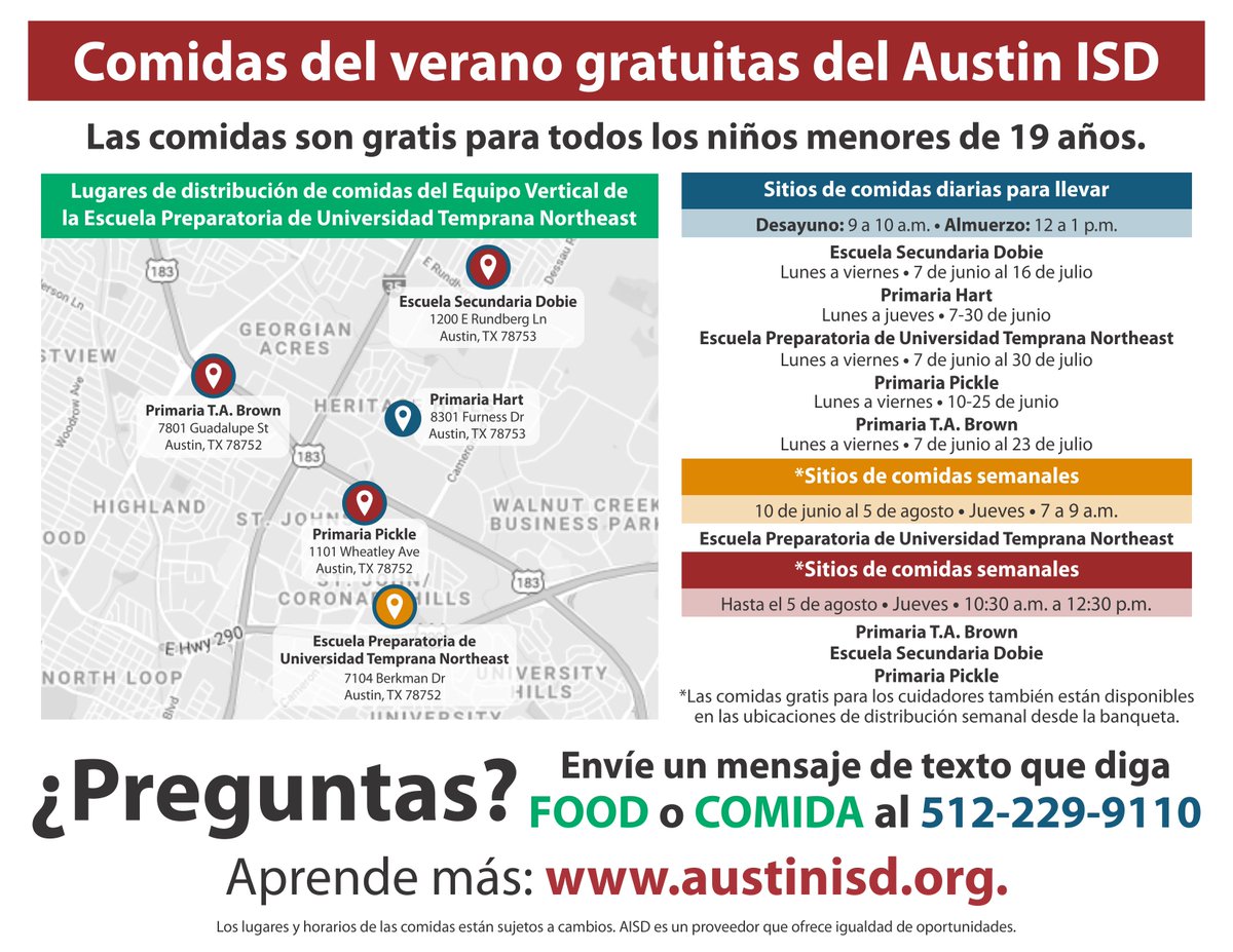 AustinISDFood's tweet photo. This summer @AustinISD will provide free meals at the following Northeast ECHS vertical team schools:
@DobieATX
@HARTROCKETS1
@NortheastECHS
@PickleECP
@TABROWNES
Questions? Text FOOD to 512-229-9110 or visit https://t.co/kacDKL7BB3. https://t.co/RpnveZQyuE