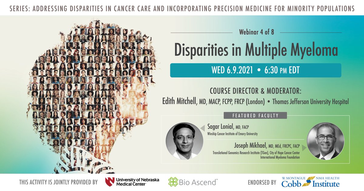 In 2 days 🔜 Join our #Disparities in #CancerCare: Care of Patients with #MultipleMyeloma webinar this Wednesday, featuring experts @EdithMitchellMD, @SagarLonialMD, and @jmikhaelmd! Visit conta.cc/3pwaLM4 for details & to register to participate today. #CME #ASCO21 @unmc