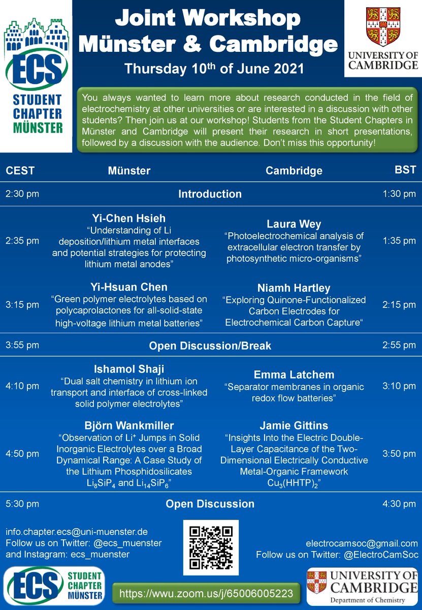 ECS Student Chapter Münster (@ecs_muenster) on Twitter photo Join us for our next event this Thursday, June 10th! Together with <a href="/ElectroCamSoc/">ElectroCam</a> of Cambridge University we will be hosting a Joint Workshop Event where student researchers present and discuss their topics! #electrochemistry #ecsstudentchapter #wwumünster #unimünster #battery Join us for our next event this Thursday, June 10th! Together with <a href="/ElectroCamSoc/">ElectroCam</a> of Cambridge University we will be hosting a Joint Workshop Event where student researchers present and discuss their topics! #electrochemistry #ecsstudentchapter #wwumünster #unimünster #battery