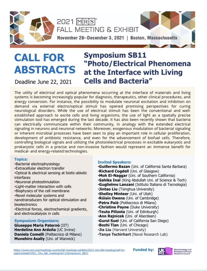 PetraPaie's tweet photo. 🔈 🔊 Check it out the flyer for the “Photo/Electrical Phenomena at the Interface with Living Cells and Bacteria” in MRS 2021 fall meeting. Don’t miss it!! Submission are now open (deadline 22nd June). https://t.co/3up6GUC0G8
