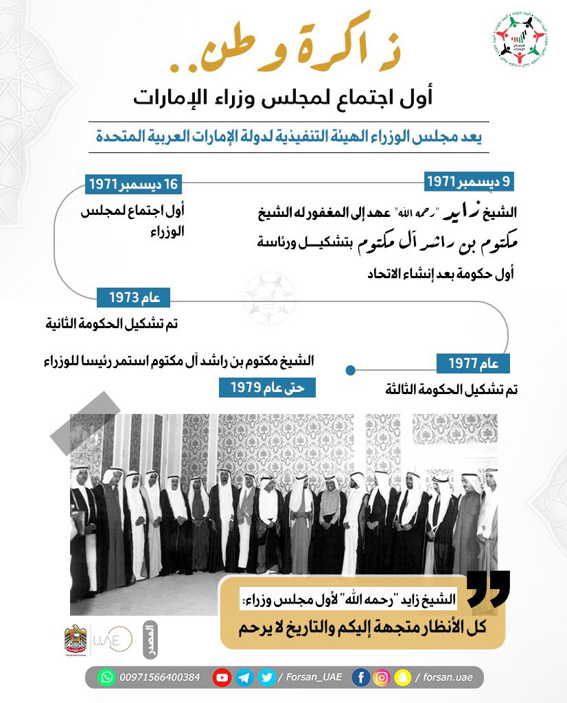 Forsan_UAE's tweet photo. قرابة الـ5 عقود من الإنجازات وتحدي الصعاب مر بها مجلس الوزراء الإماراتي منذ نشأته وحتى اليوم.. "ذاكرة وطن" أول اجتماع لمجلس وزراء #الإمارات

#هنا_الإمارات
#عام_الخمسين https://t.co/V0ioJ9YVOm