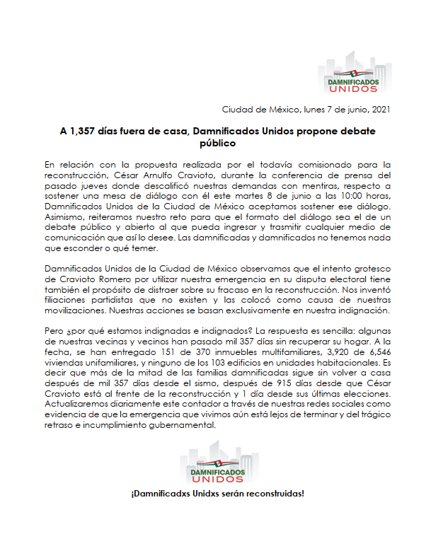 DUCDMX's tweet photo. 🏨Las y los damnificados aceptamos el diálogo que nos propuso @craviotocesar. Que sea en formato de debate público y abierto a la ciudadanía. 

▶️Rogamos leer y difundir nuestro comunicado. https://t.co/BqNiXGAQhT