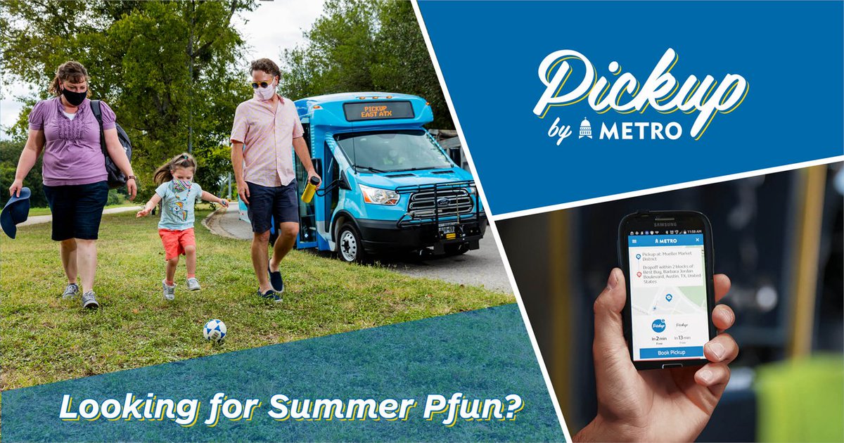 CapMetroATX's tweet image. Pickup by #CapMetro is an on-demand service that lets you take advantage of summertime in @PflugervilleTX. Download the Pickup app and give it a shot this summer for just $1.25.

More info at CapMetro.org/pickup