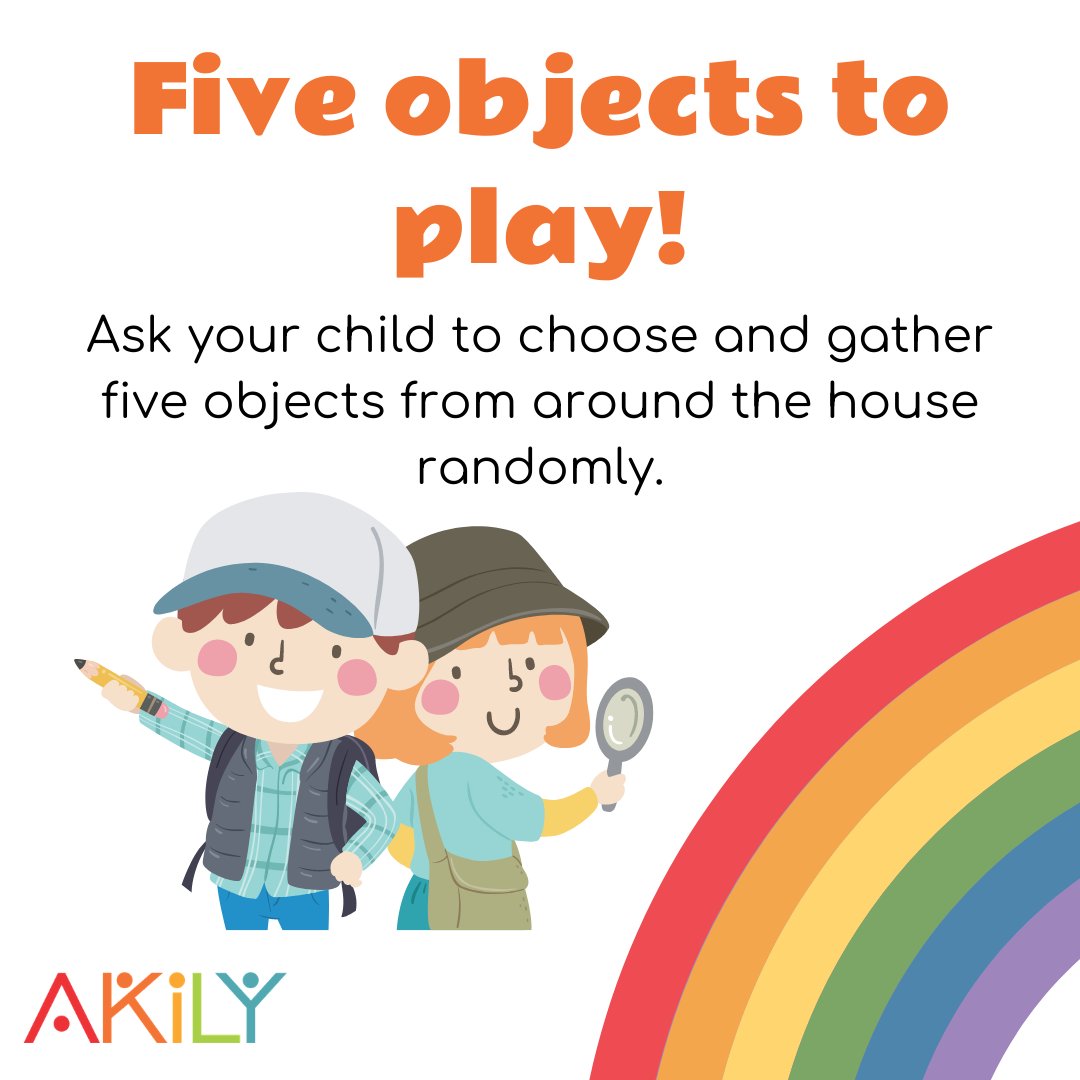 explore_akily's tweet photo. Five objects to play!
#6yearsoldandover
🎈With this activity, you can help your child develop his/her creativity and innovation, an important skill to solve everyday problems.
🎈Materials needed: Ask your child to choose and gather five objects from around the house randomly. https://t.co/kFzu8NzQzR