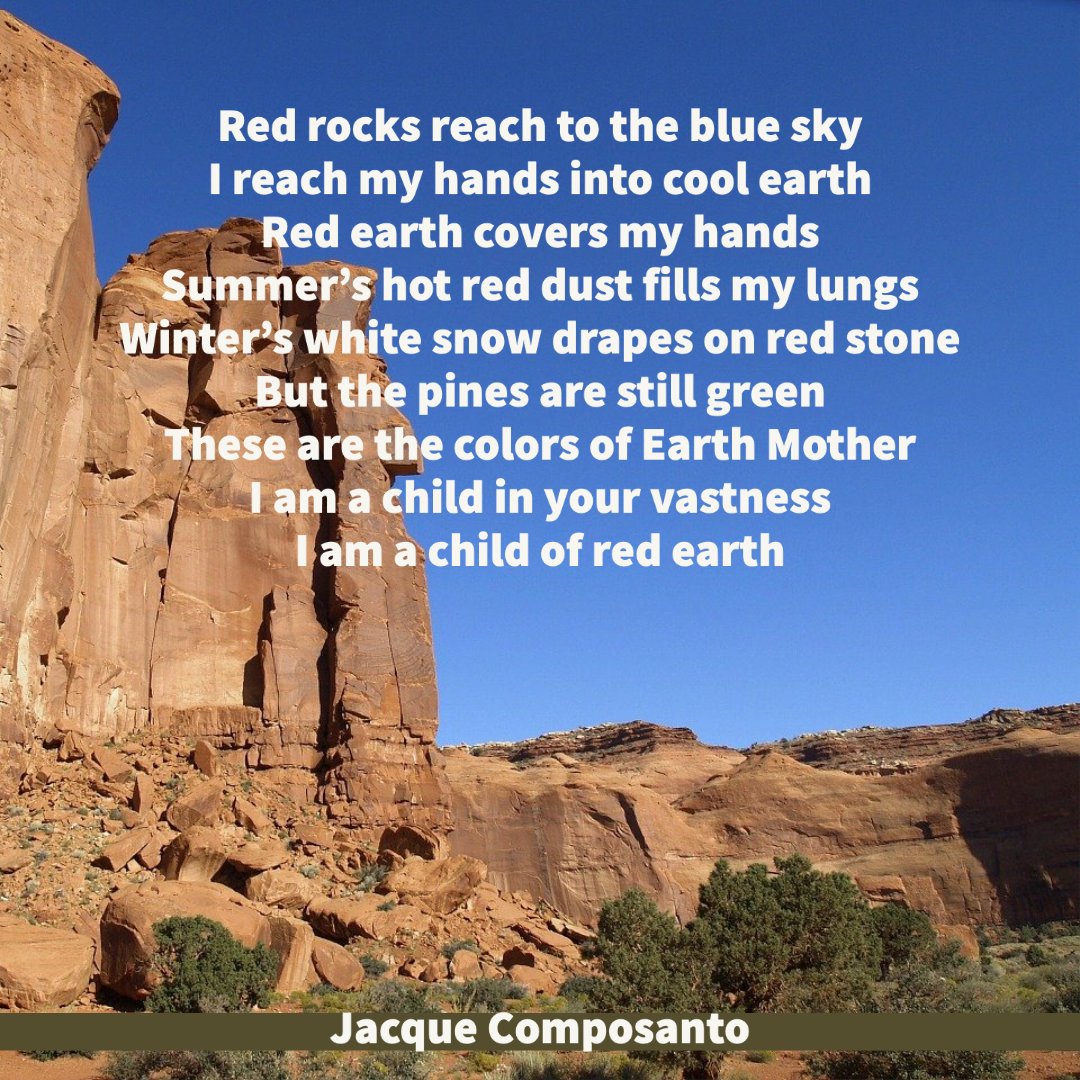adfdruidry's tweet image. Red rocks reach to the blue sky
I reach my hands into cool earth
Red earth covers my hands

Summer’s hot red dust fills my lungs
Winter’s white snow drapes on red stone
But the pines are still green

These are the colors of Earth Mother
I am a child in your vastness