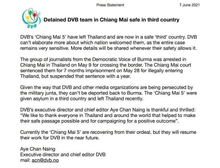 drgndvne's tweet photo. Breaking Good News. 
So Happy For you all @dvbburmese 
DVB's 'Chaing Mai 5' have left Thailand and are now in a safe 'third' party.
As a Myanmar citizen, Thank you all the nation which welcomed them. 
#WhatsHappeningInMyanmar
#June7Coup https://t.co/vj8YIFRnDM