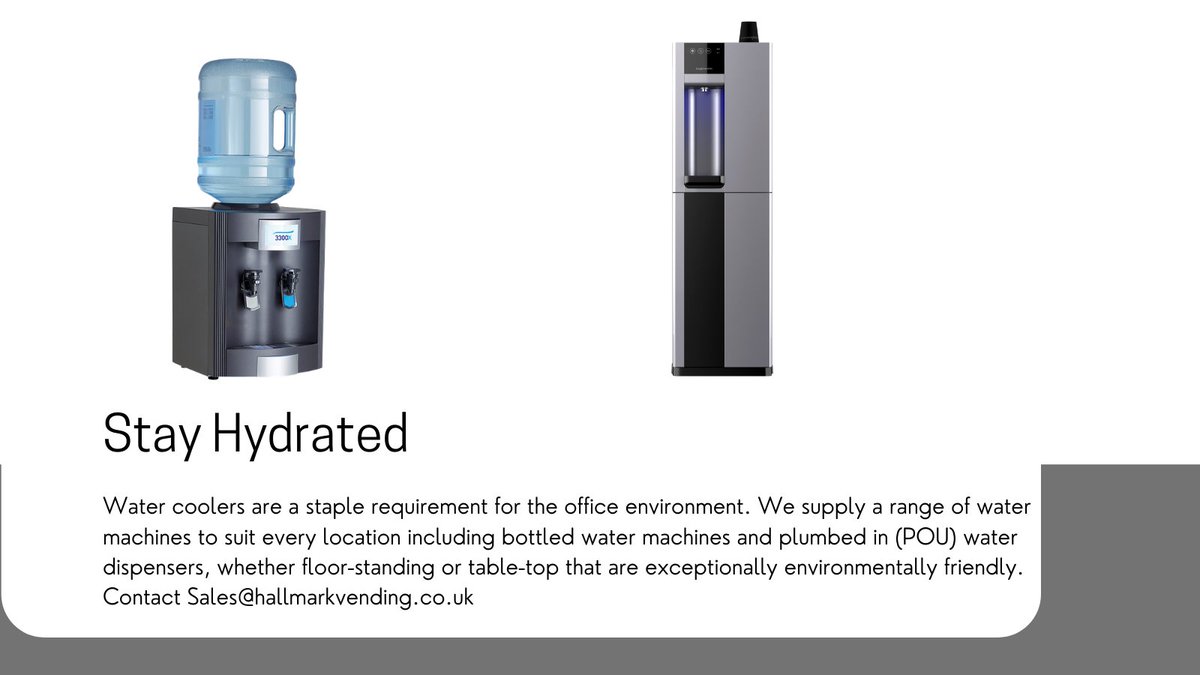 HallmarkVending's tweet photo. Keep your team hydrated this summer with one of our water machines. From table top to freestanding, we have the perfect solution for your workplace needs.
#vendinguk #vendingmachines #watermachines #officewater #team #hydrate #surreyvending #londonvending #londonofficesupplies https://t.co/MFxzLVjtqg