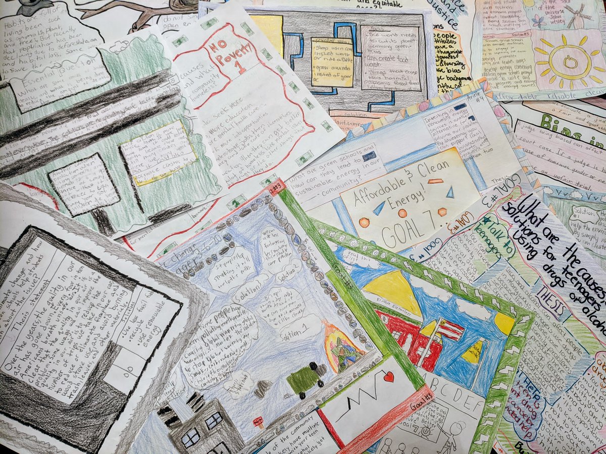 MarilynEDU's tweet photo. #AVID one-pagers are a great way for Ss to showcase their learning. Paired w the #GlobalGoals, it's a win-win!

Here, Ss self-selected a goal, created an EQ, and recorded their findings.

Digital is great but sometimes analog fits the bill. 

#BiteSizeSDGs 🌎 #InquiryMindset https://t.co/IIvokZPxYI