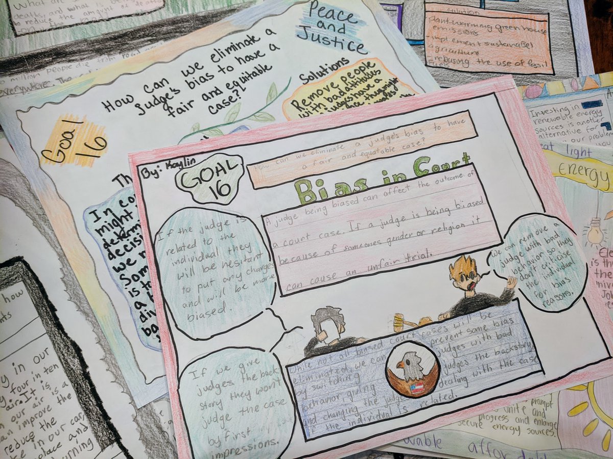 MarilynEDU's tweet photo. #AVID one-pagers are a great way for Ss to showcase their learning. Paired w the #GlobalGoals, it's a win-win!

Here, Ss self-selected a goal, created an EQ, and recorded their findings.

Digital is great but sometimes analog fits the bill. 

#BiteSizeSDGs 🌎 #InquiryMindset https://t.co/IIvokZPxYI